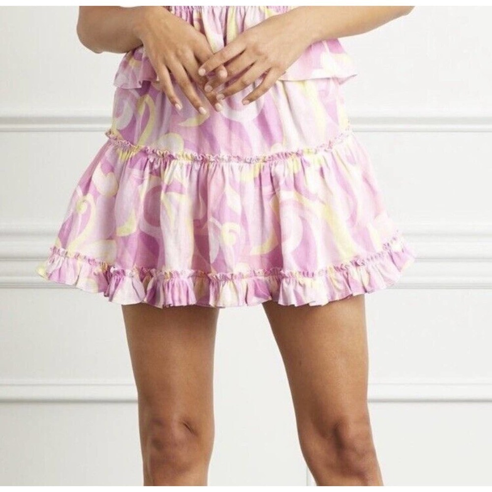 NWT Hill House The Paz Skirt Mini Candy Kaleidoscope Pink LINEN Ruffle M